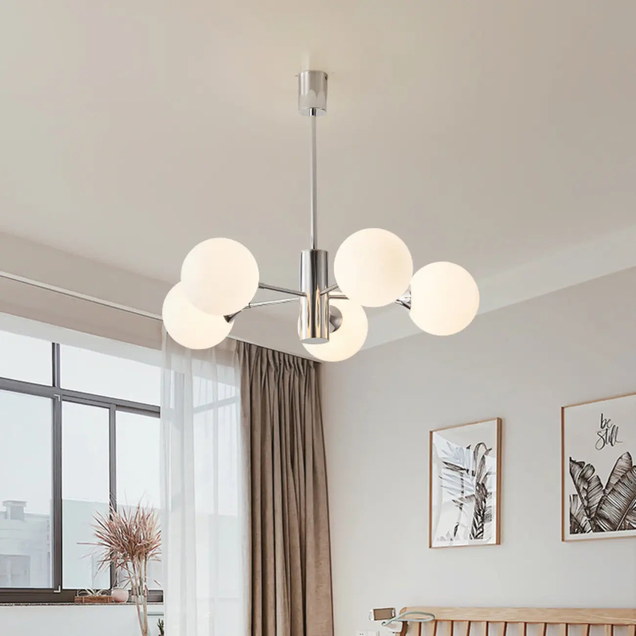 Modern Silver Sputnik Chandelier with White Globe Glass