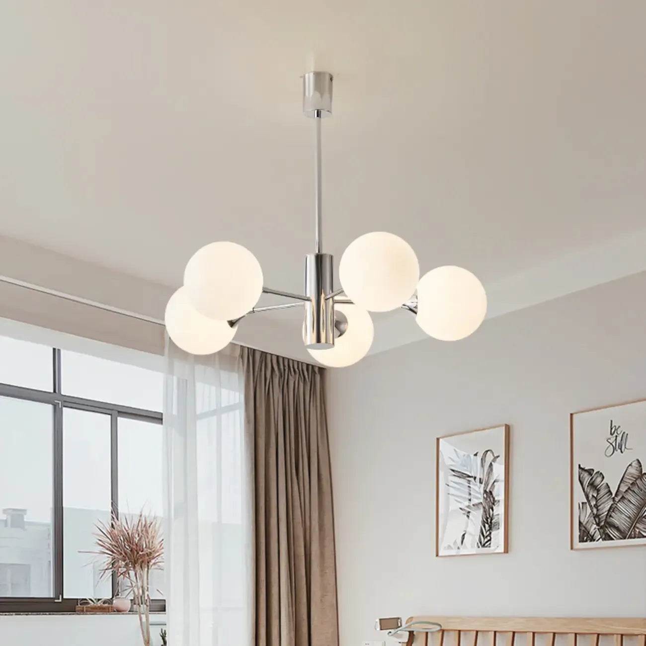 Modern Silver Sputnik Chandelier with White Globe Glass