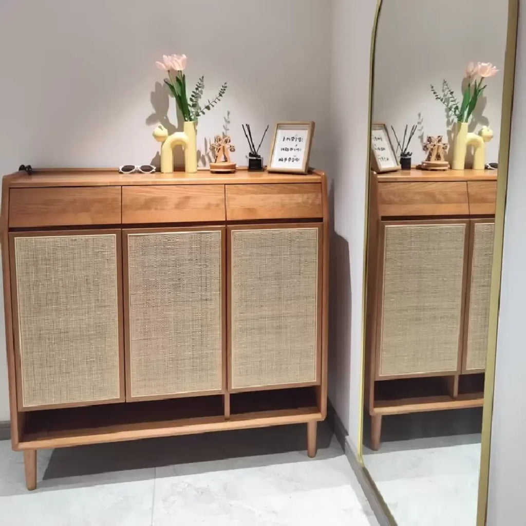 Boho Solid Wood Shoe Cabinet Woven Door