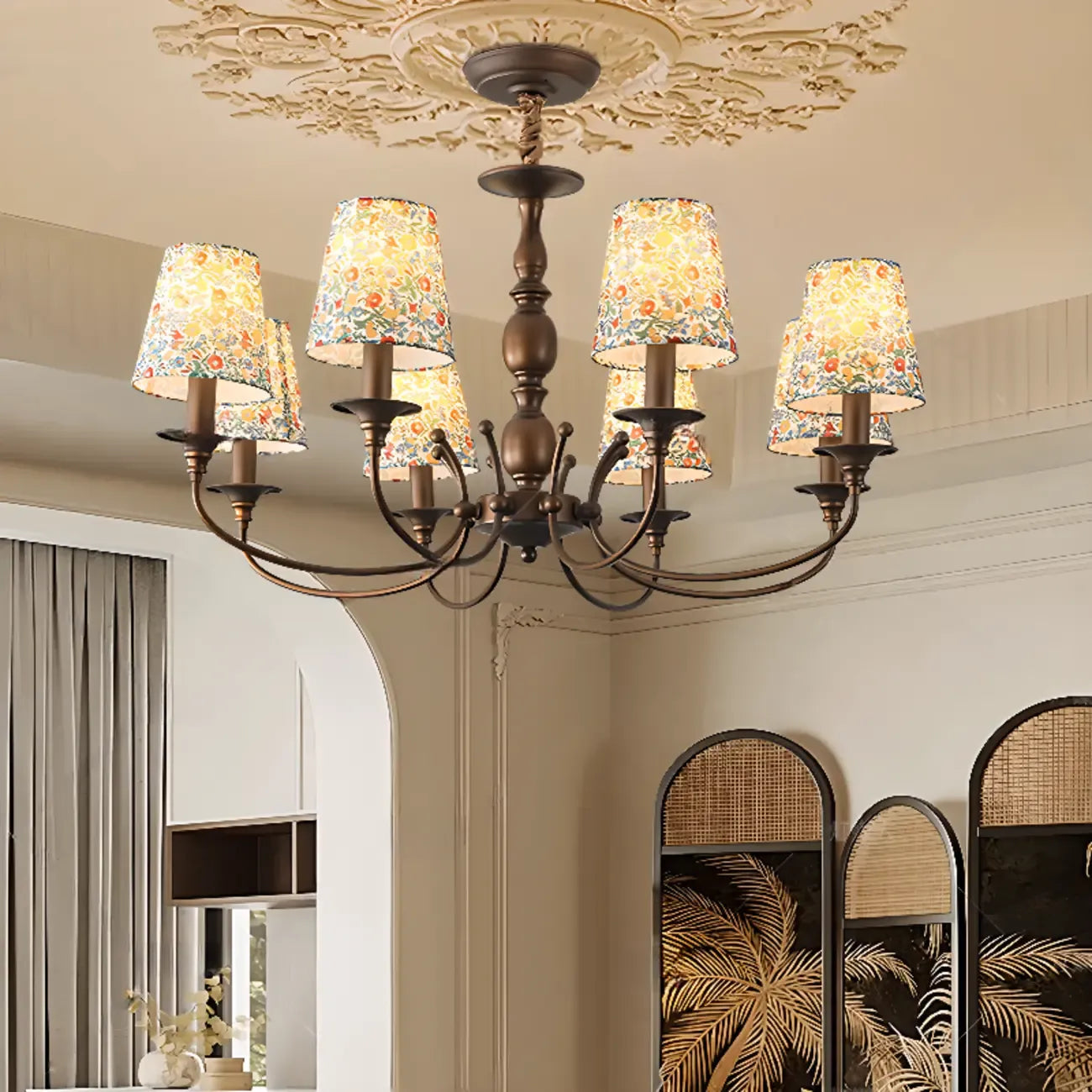 Rustic Bronze Flower Pattern Fabric Barrel Chandelier