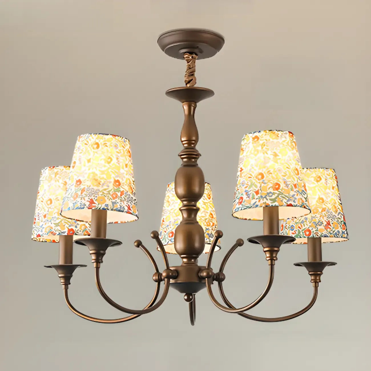 Rustic Bronze Flower Pattern Fabric Barrel Chandelier