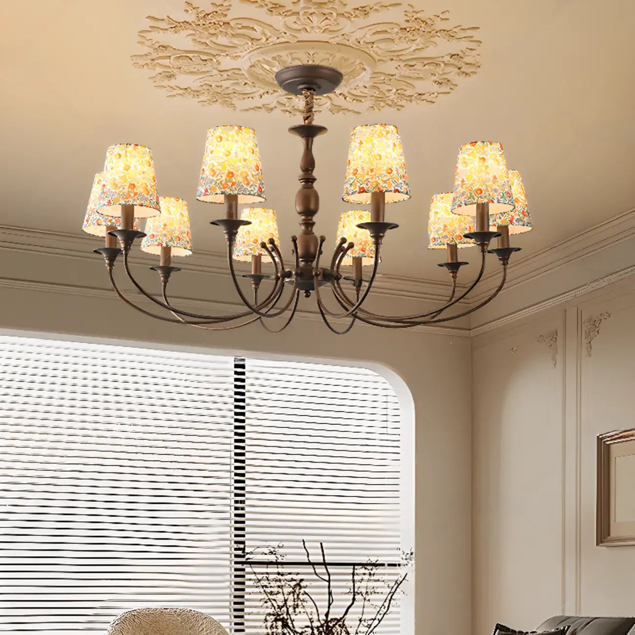 Rustic Bronze Flower Pattern Fabric Barrel Chandelier