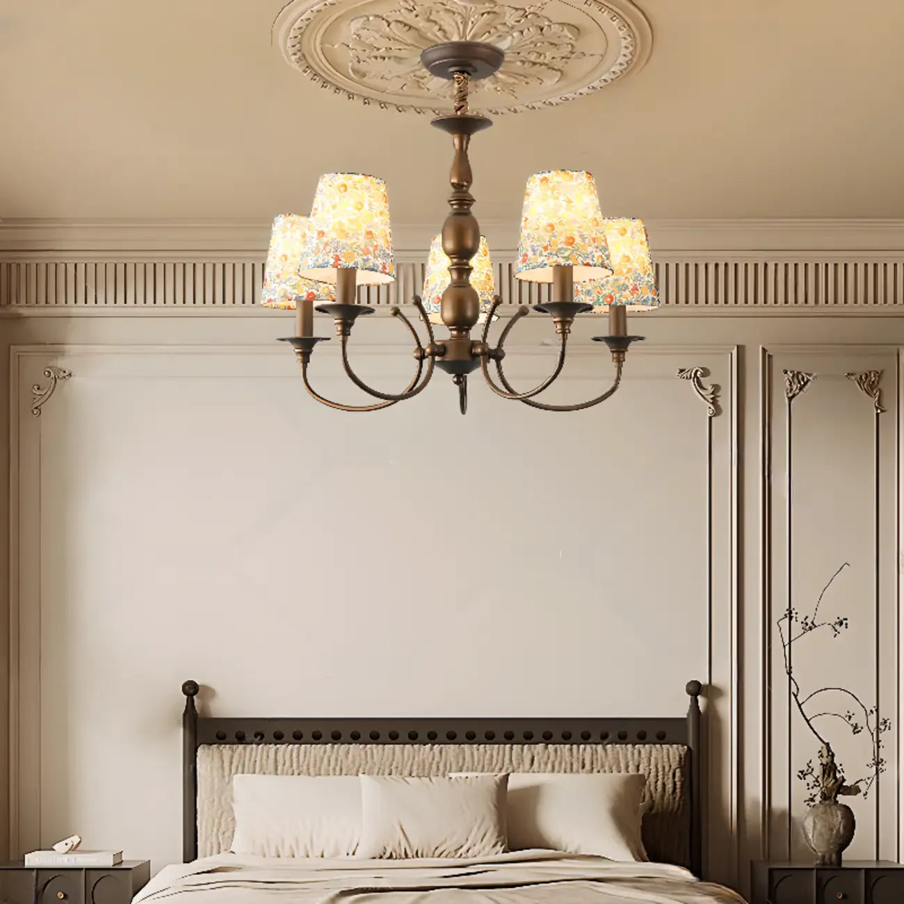 Rustic Bronze Flower Pattern Fabric Barrel Chandelier