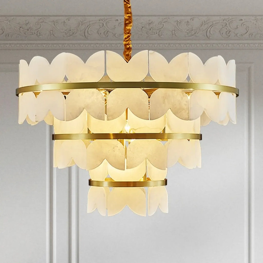 Luxurious Round Gold Tiered Alabaster Chandelier