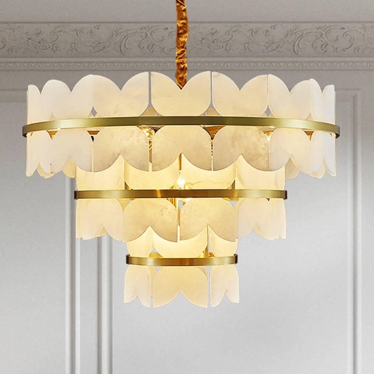 Luxurious Round Gold Tiered Alabaster Chandelier