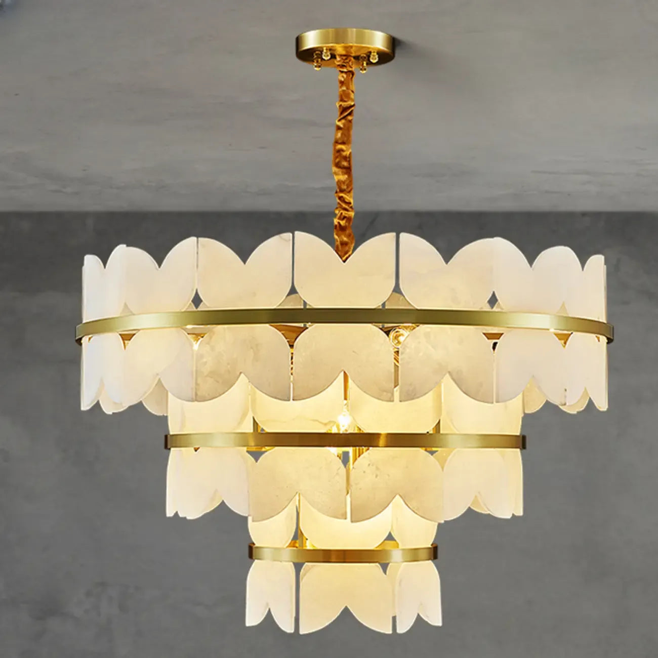 Luxurious Round Gold Tiered Alabaster Chandelier