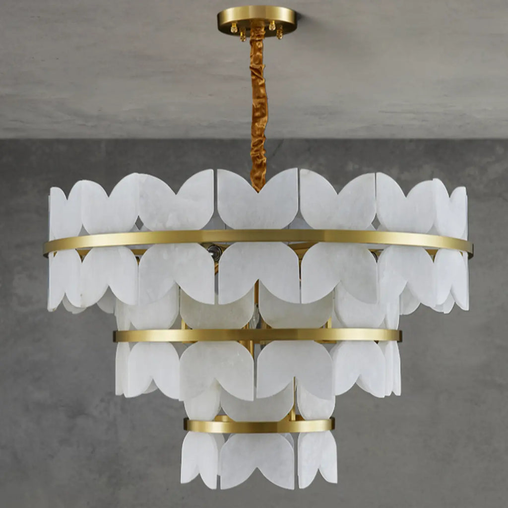 Luxurious Round Gold Tiered Alabaster Chandelier