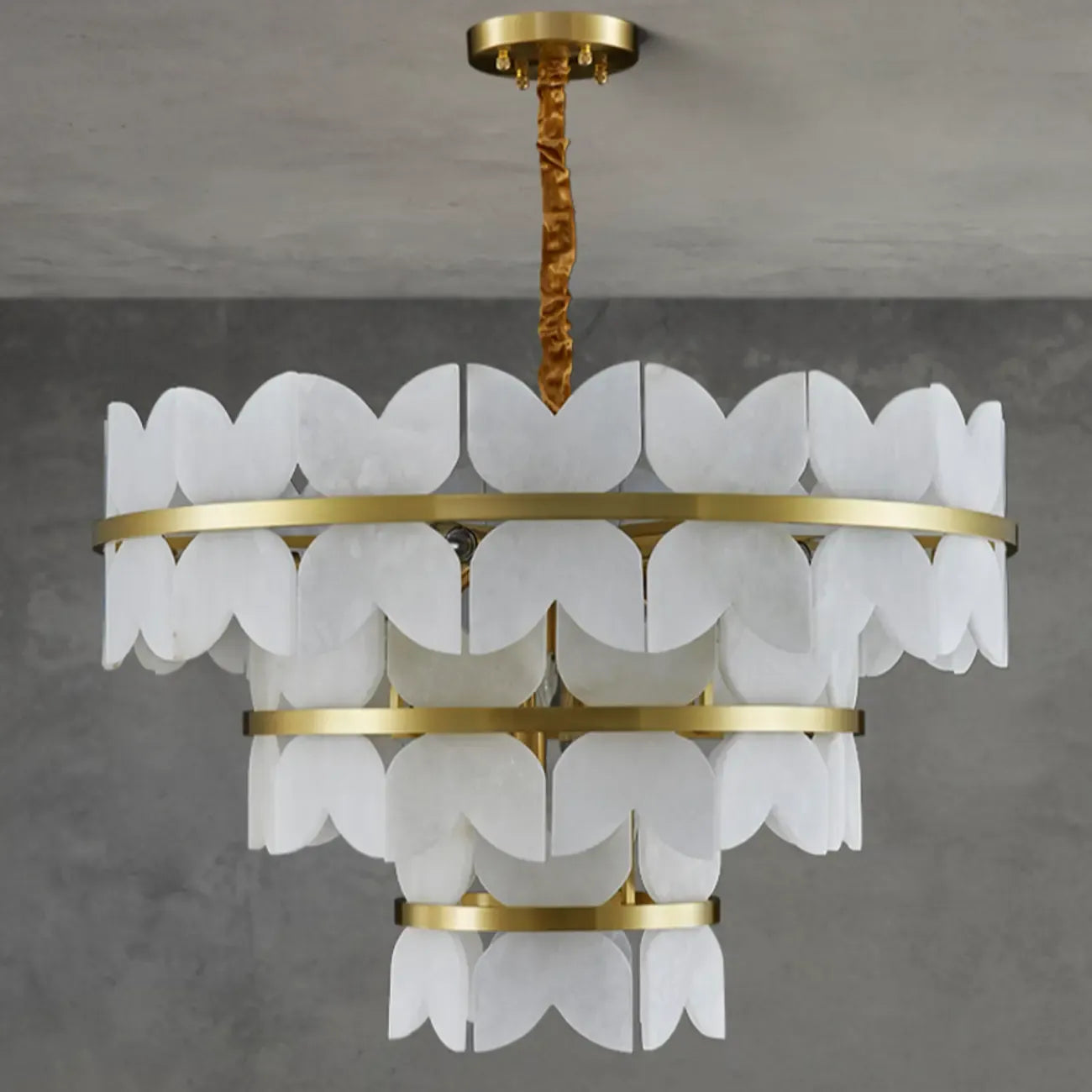Luxurious Round Gold Tiered Alabaster Chandelier