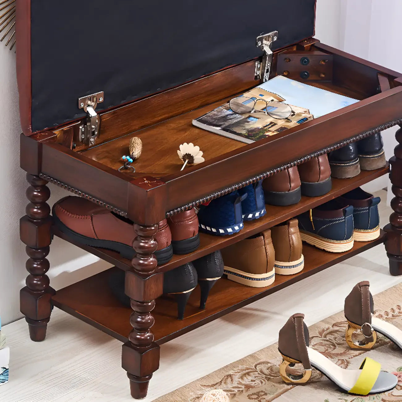 Antique Genuine Leather Flip-up Wood Bench with 2 Shelves