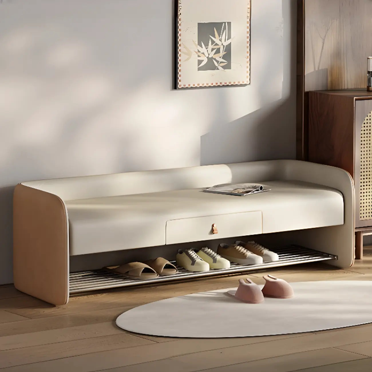 Living Room Pine Wood Upholstered Storage Bench with Backrest