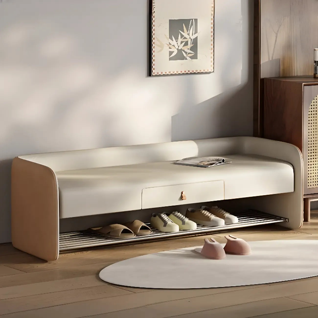 Living Room Pine Wood Upholstered Storage Bench with Backrest