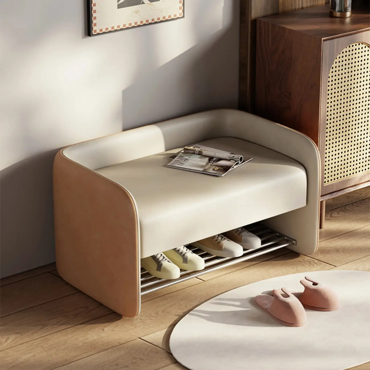 Living Room Pine Wood Upholstered Storage Bench with Backrest