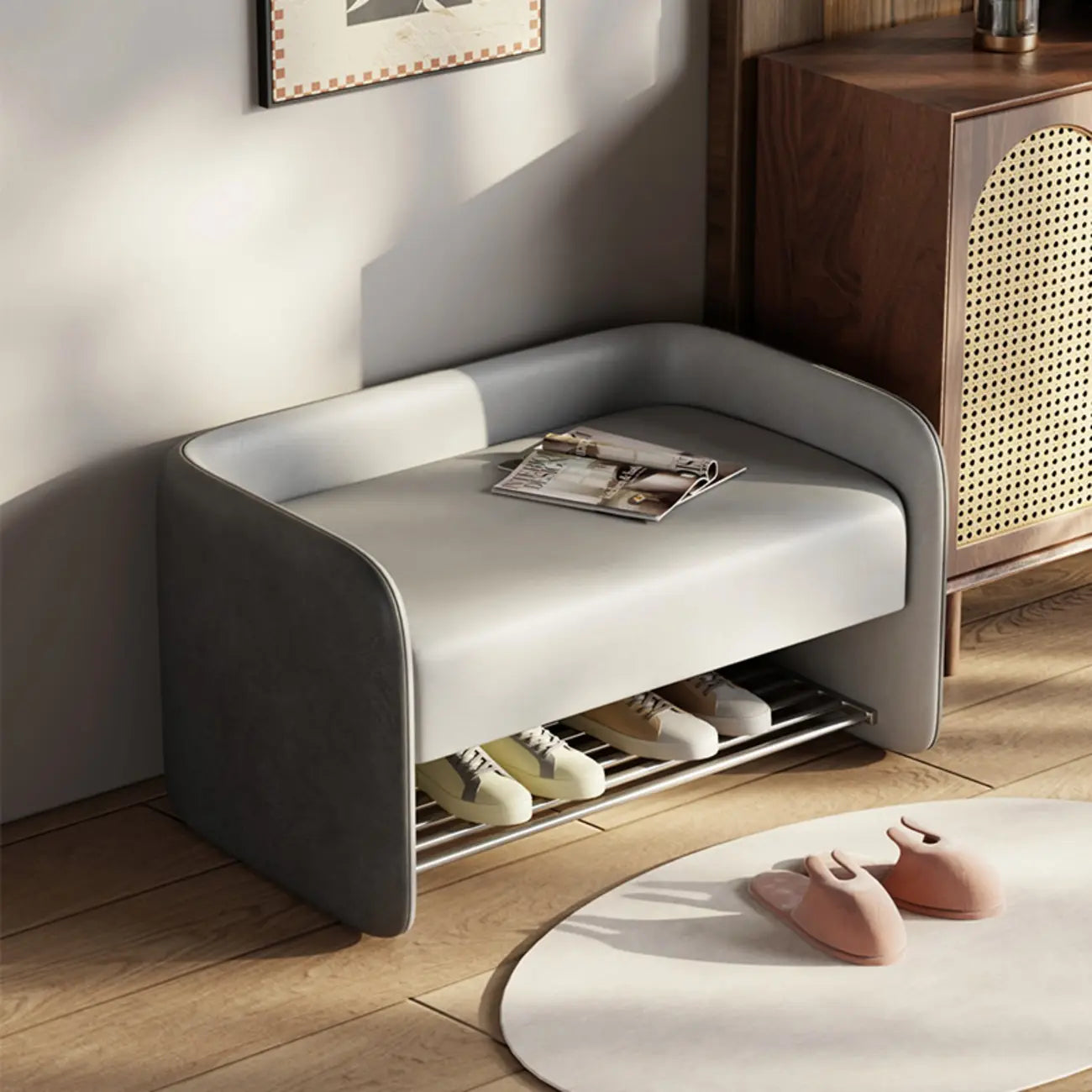 Living Room Pine Wood Upholstered Storage Bench with Backrest