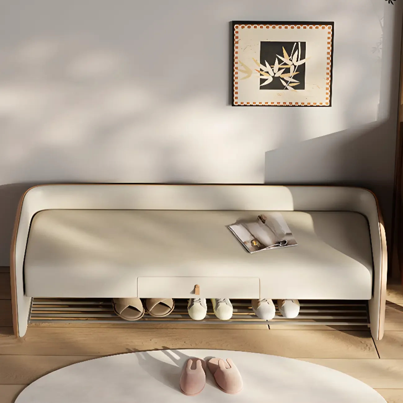 Living Room Pine Wood Upholstered Storage Bench with Backrest