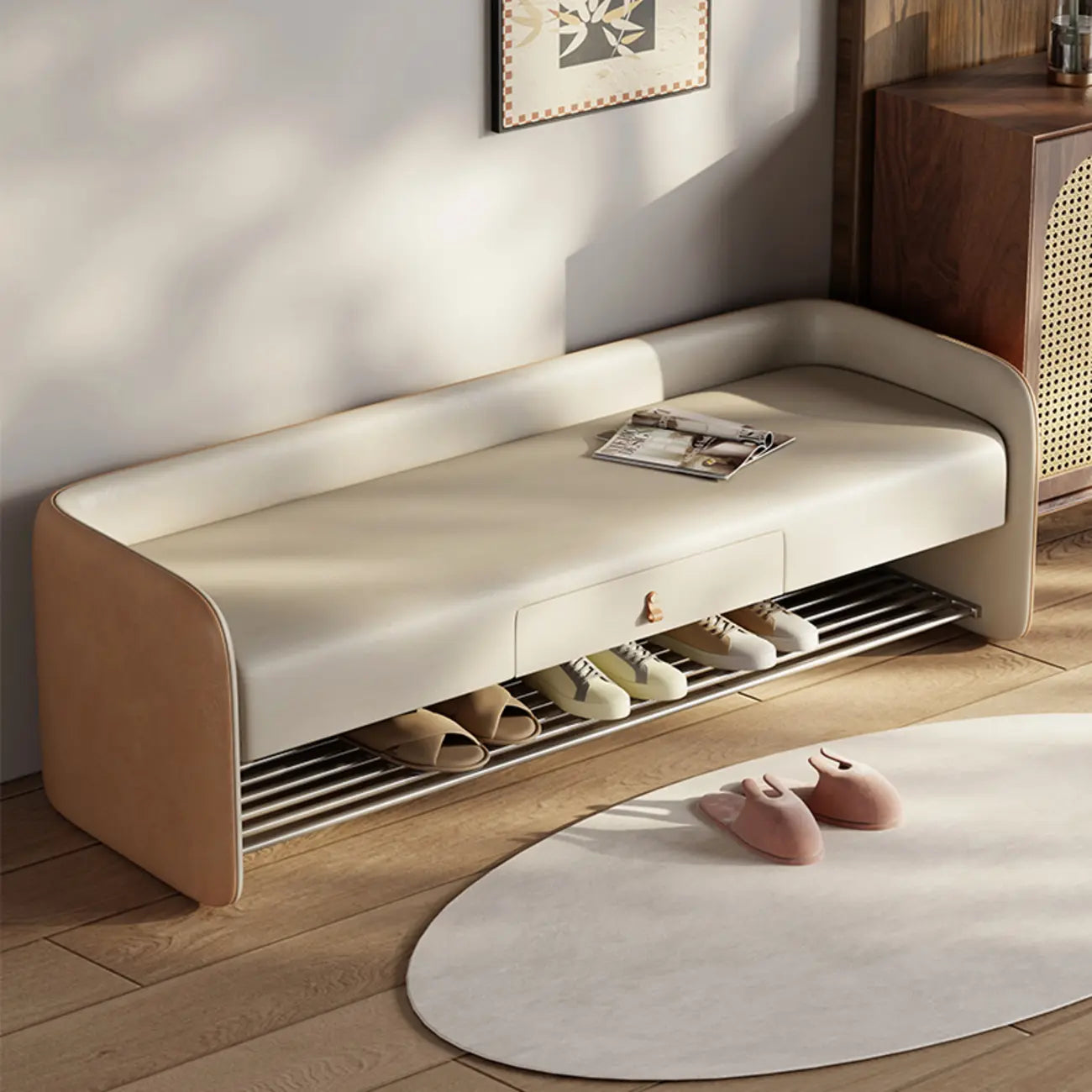 Living Room Pine Wood Upholstered Storage Bench with Backrest