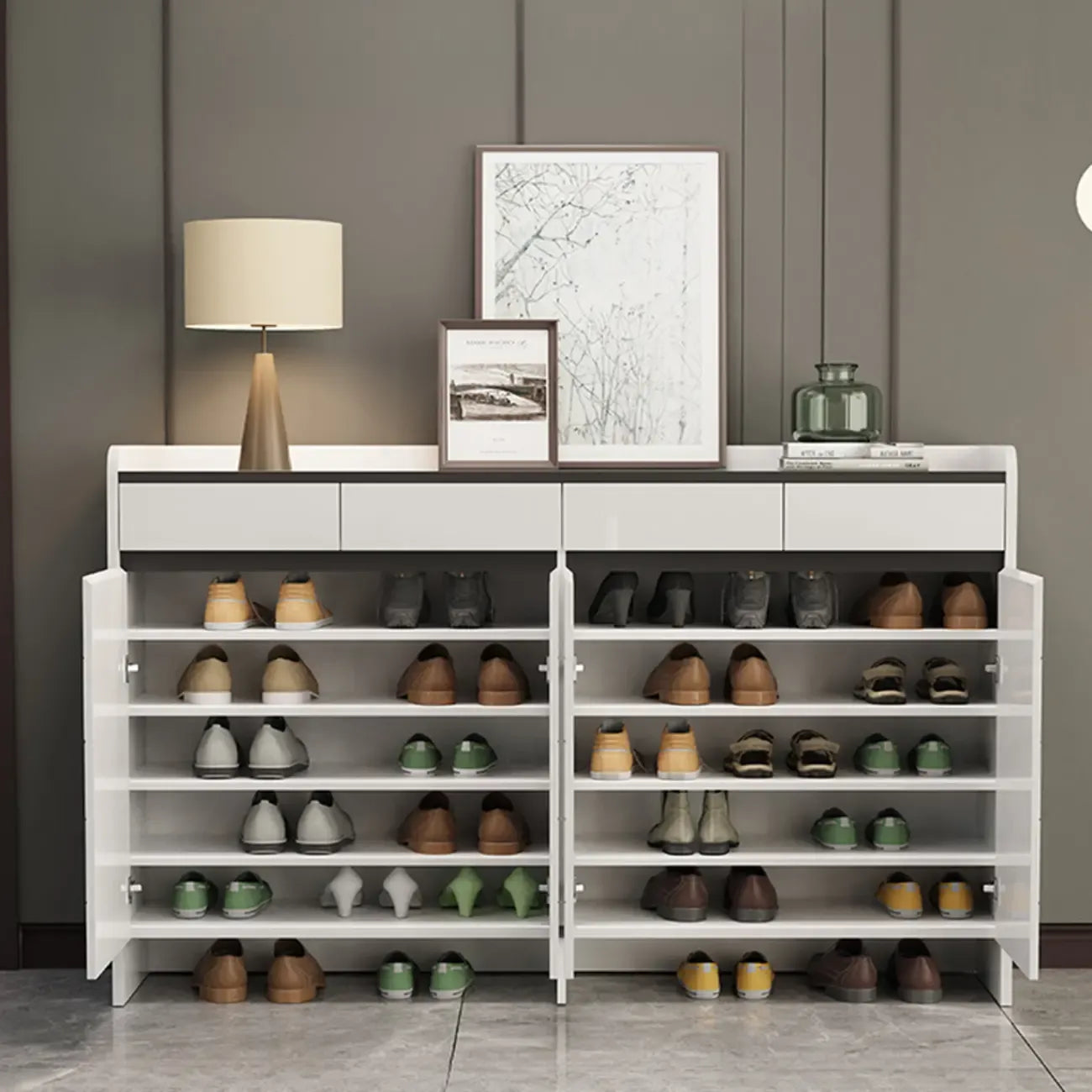Sturdy Modern White Faux Wood Shoe Cabinet with Drawers