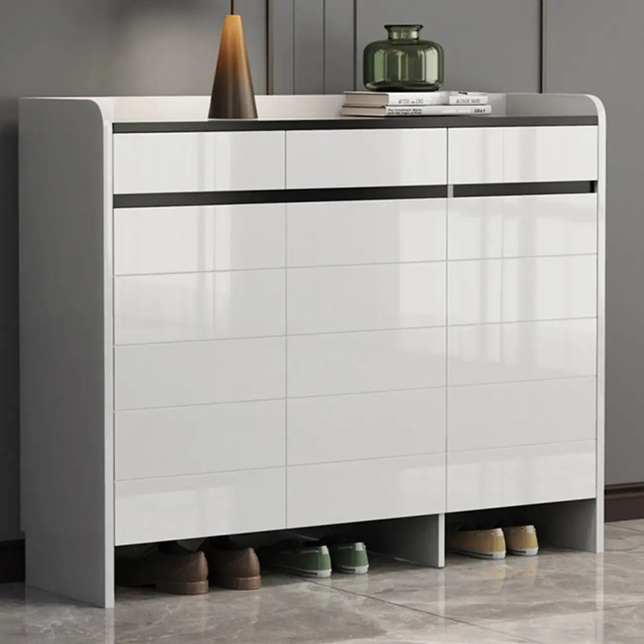 Sturdy Modern White Faux Wood Shoe Cabinet with Drawers