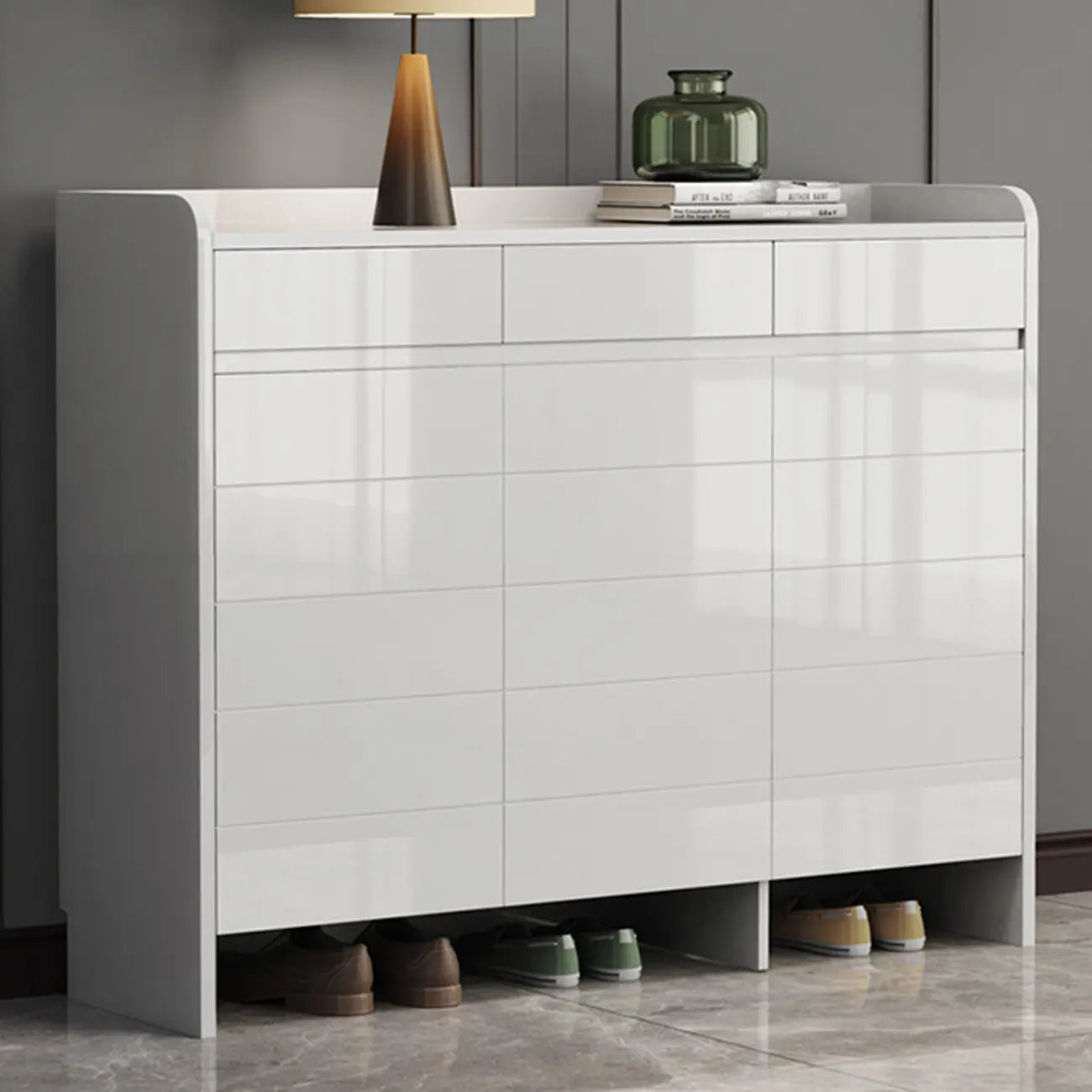 Sturdy Modern White Faux Wood Shoe Cabinet with Drawers