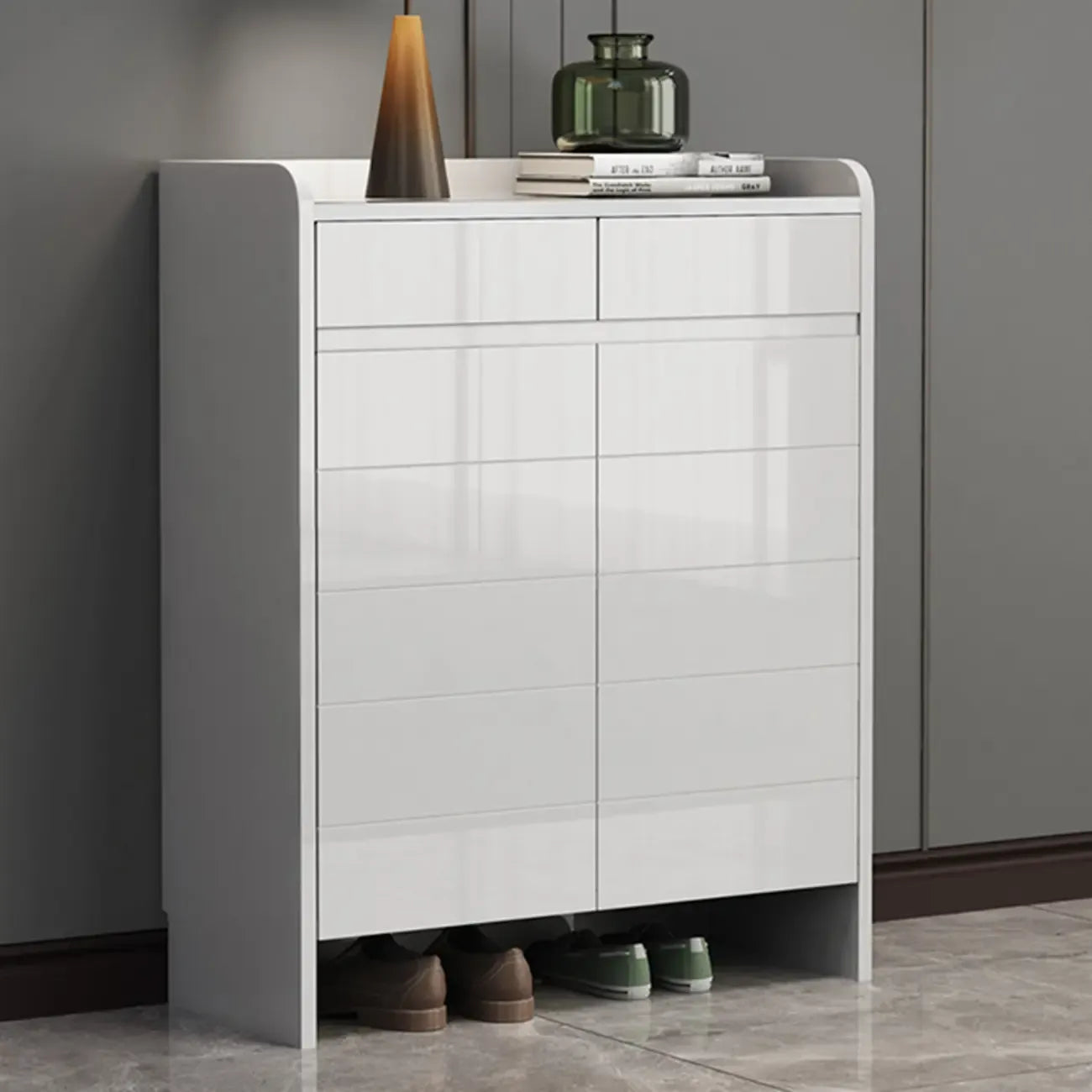 Sturdy Modern White Faux Wood Shoe Cabinet with Drawers