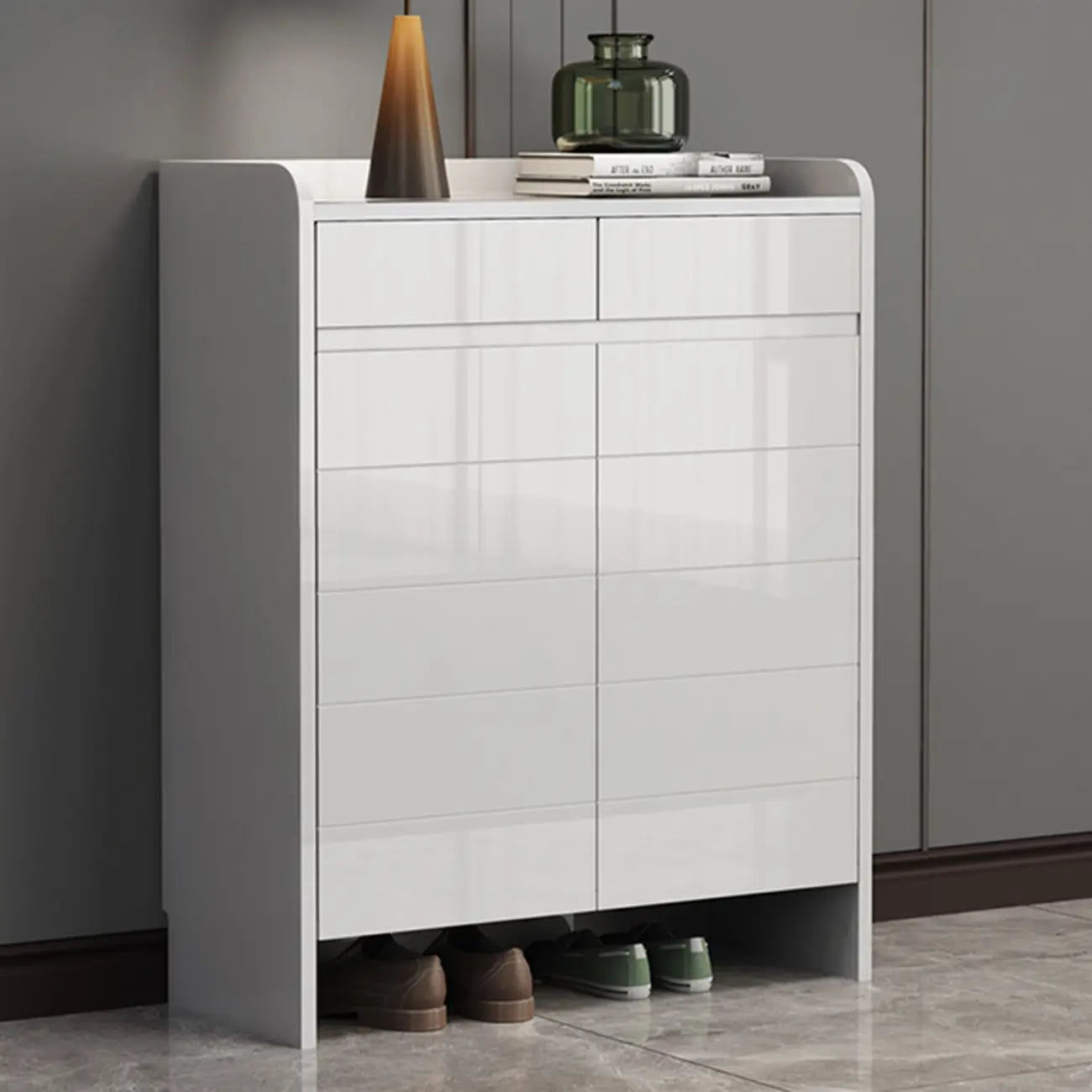 Sturdy Modern White Faux Wood Shoe Cabinet with Drawers