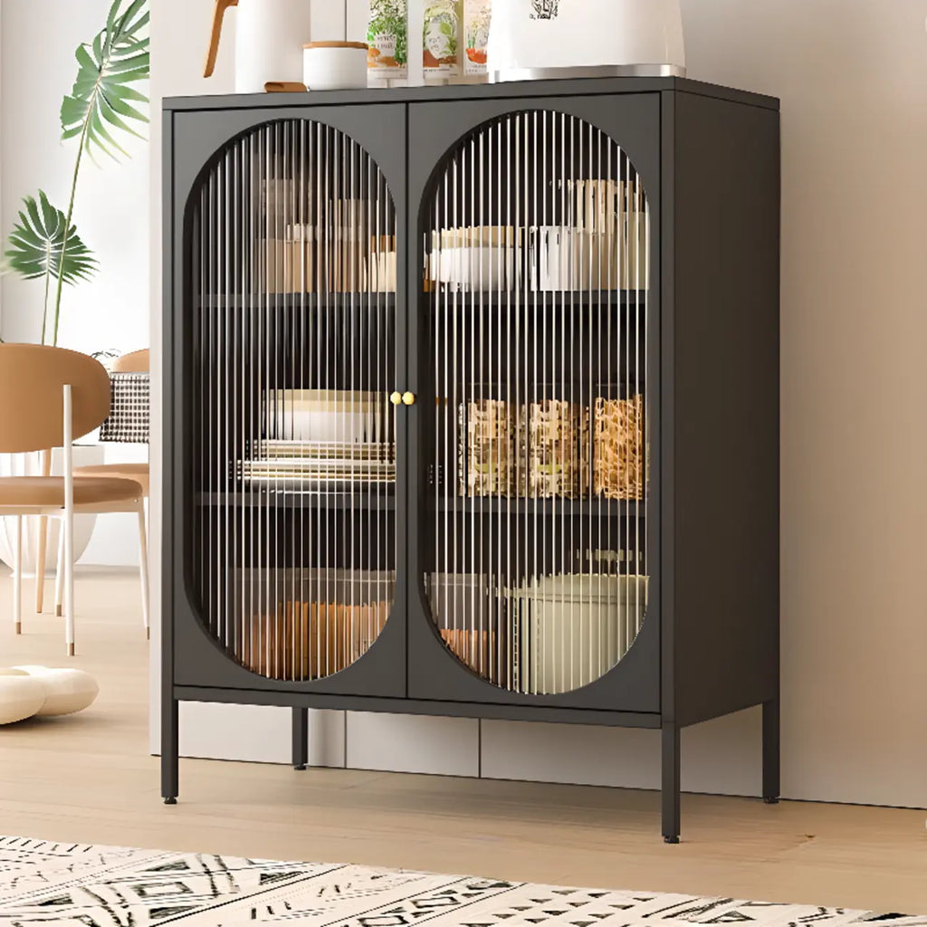 Freestanding Oval Glass Steel Sideboard Cabinet with Doors