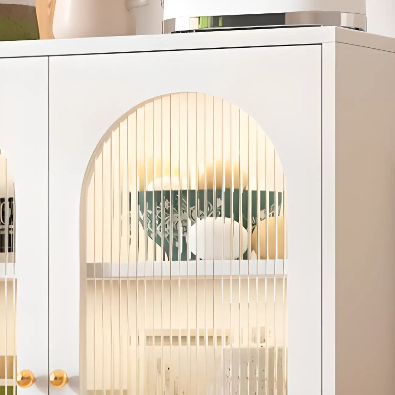 Freestanding Oval Glass Steel Sideboard Cabinet with Doors