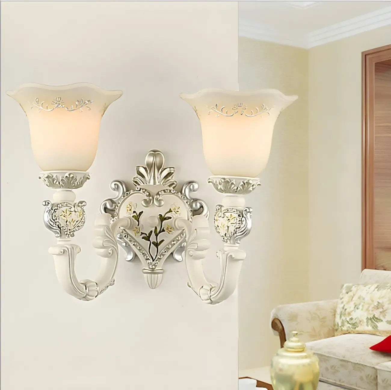 Vintage White Floral Glass Shade Classic Wall Sconce