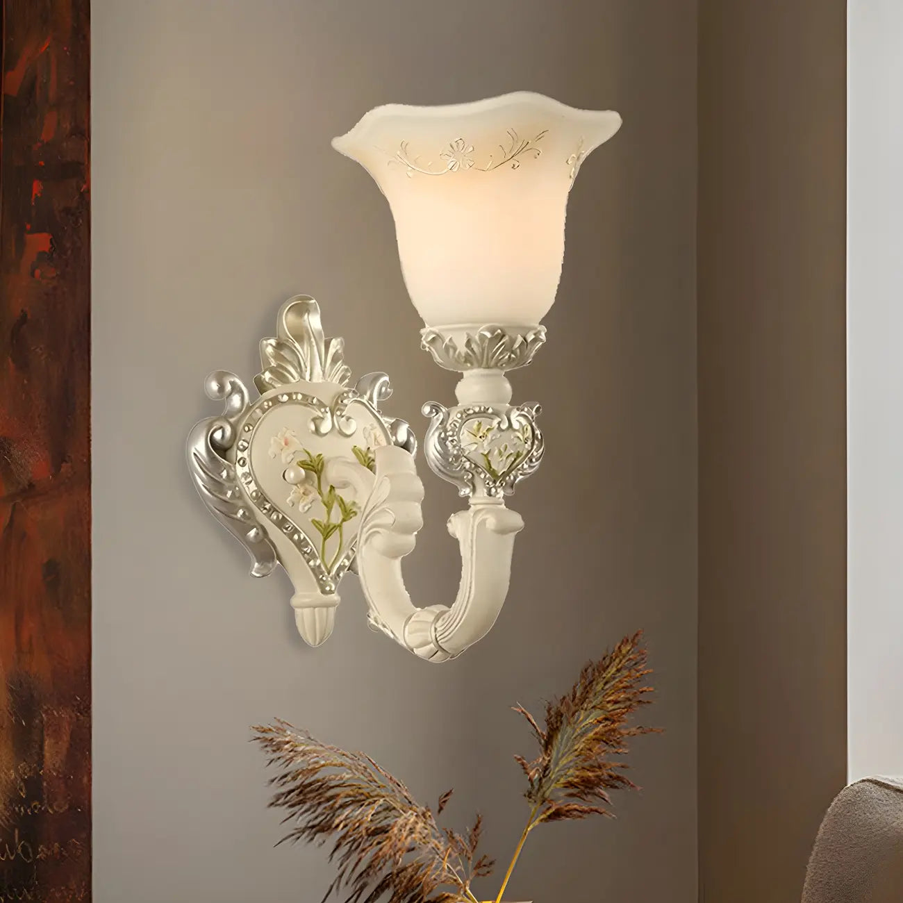 Vintage White Floral Glass Shade Classic Wall Sconce