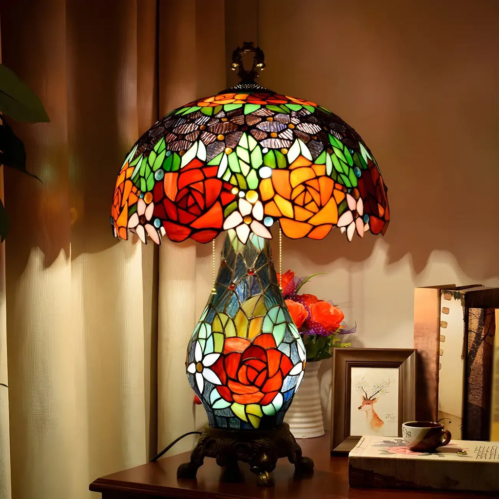 Vintage Stained Glass Rose 3-Light Dome-Shaped Table Lamp