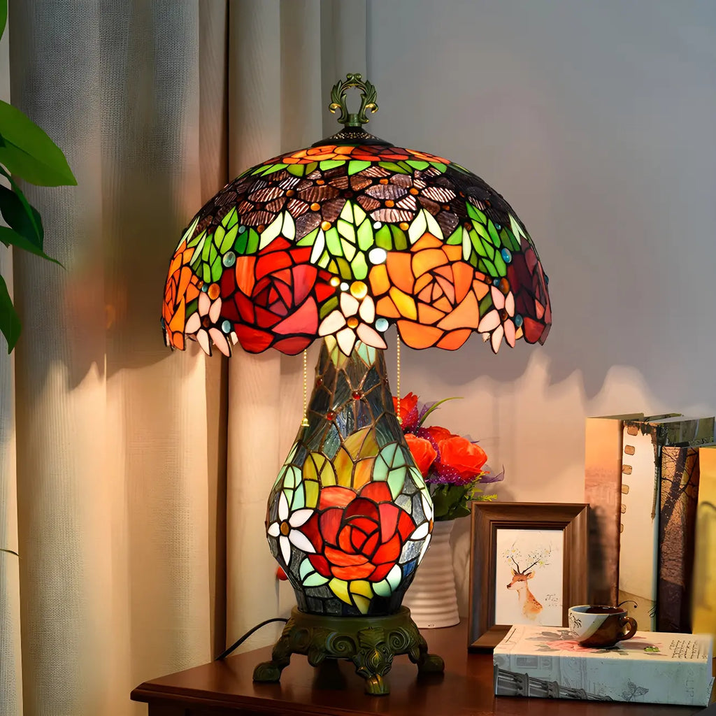 Vintage Stained Glass Rose 3-Light Dome-Shaped Table Lamp