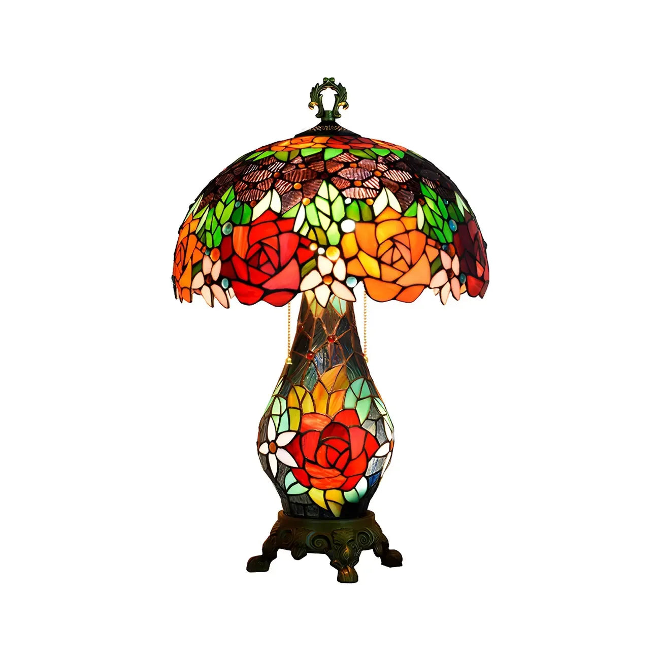 Vintage Stained Glass Rose 3-Light Dome-Shaped Table Lamp