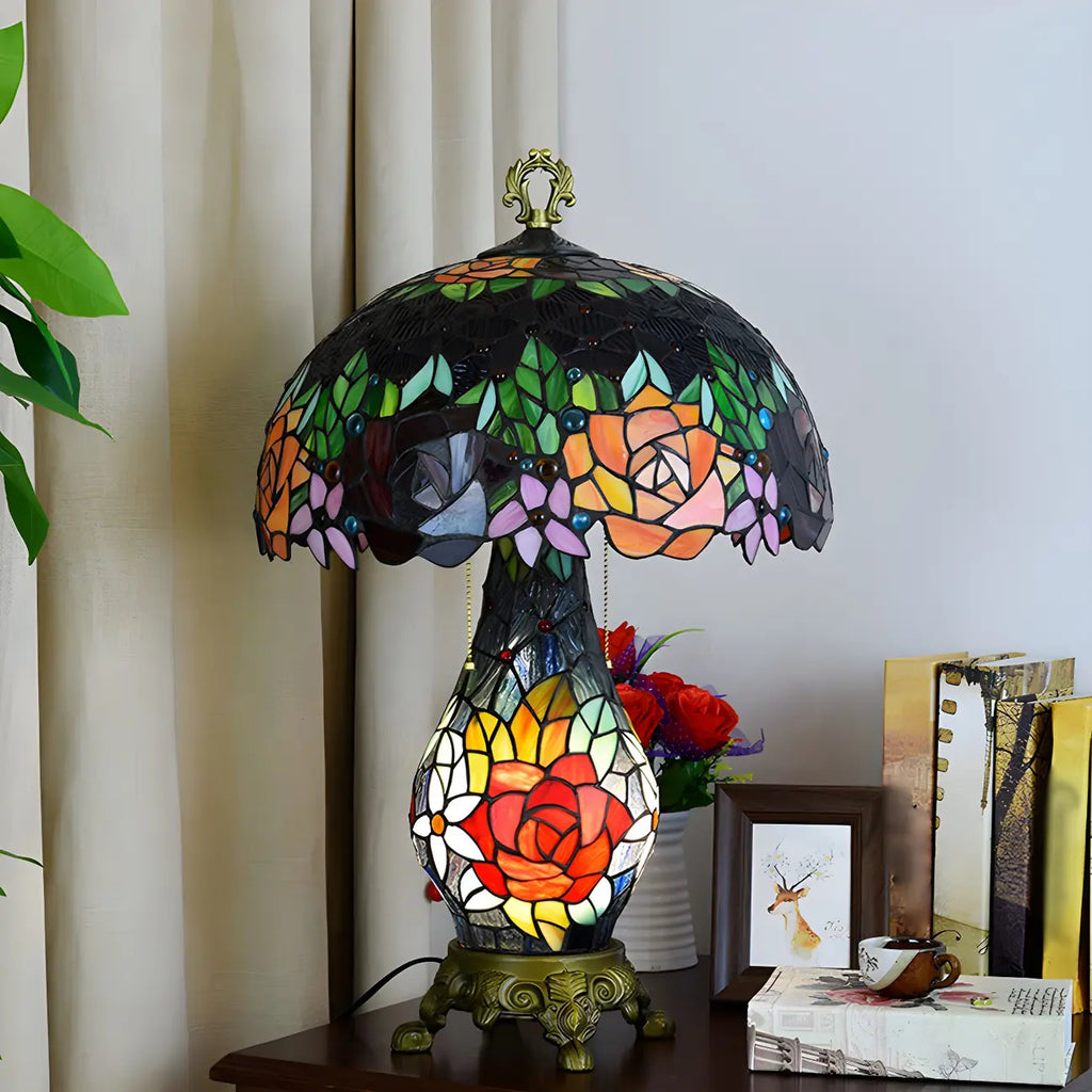 Vintage Stained Glass Rose 3-Light Dome-Shaped Table Lamp