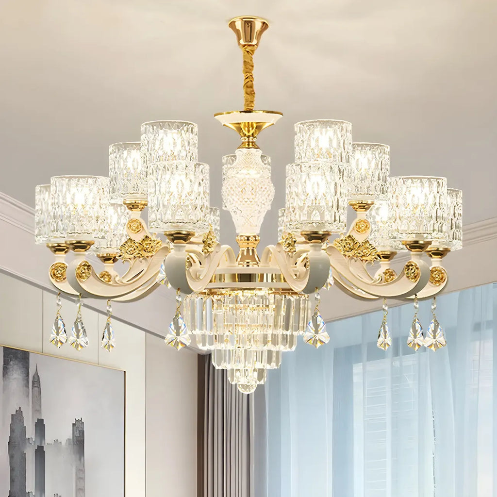 White Gold Cylinder Ripple Glass Chandelier with Crystal