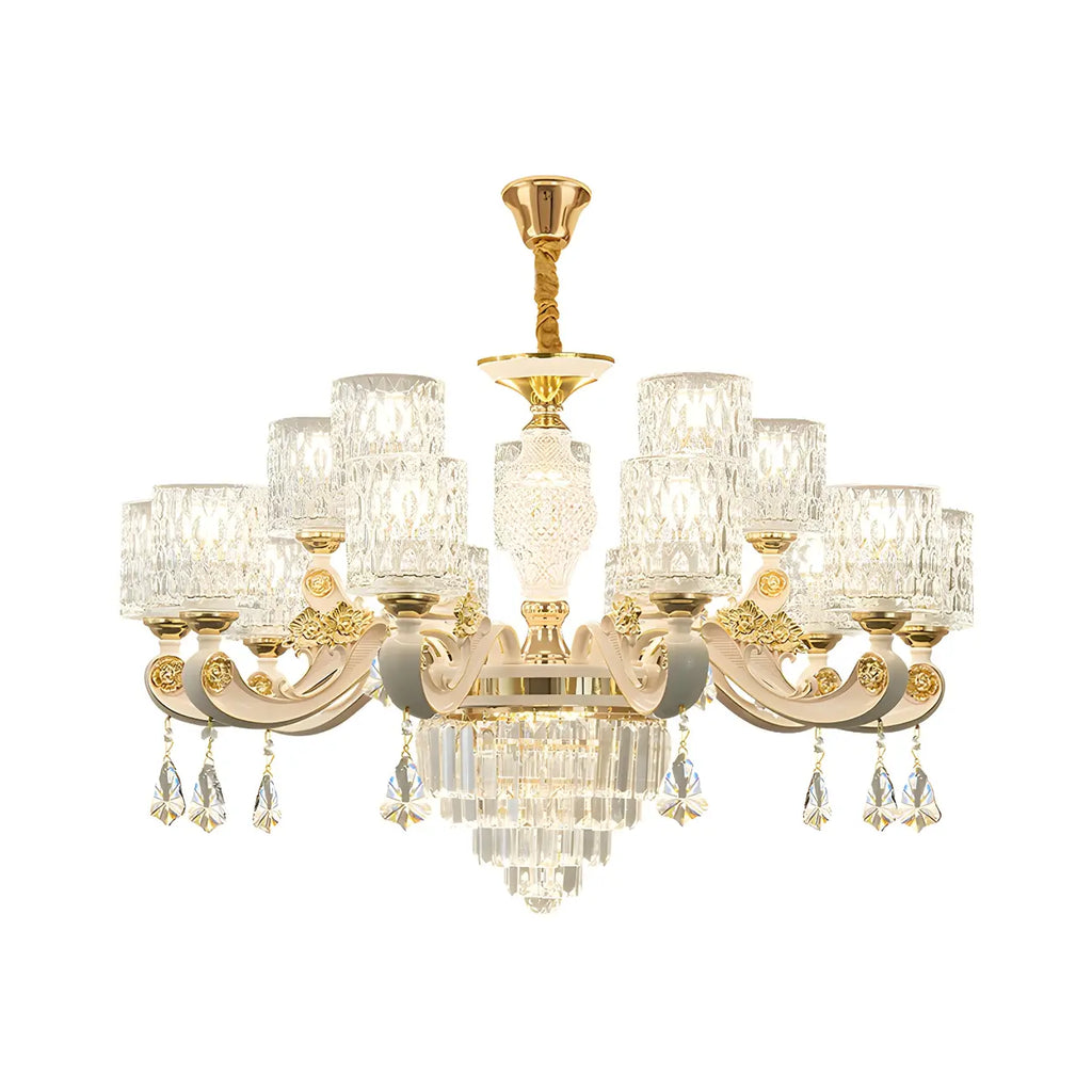 White Gold Cylinder Ripple Glass Chandelier with Crystal