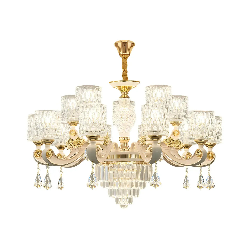 White Gold Cylinder Ripple Glass Chandelier with Crystal