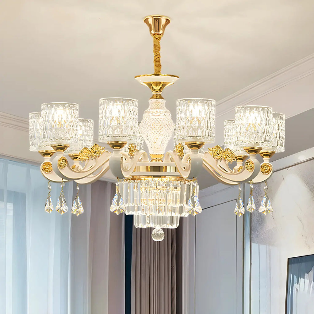 White Gold Cylinder Ripple Glass Chandelier with Crystal