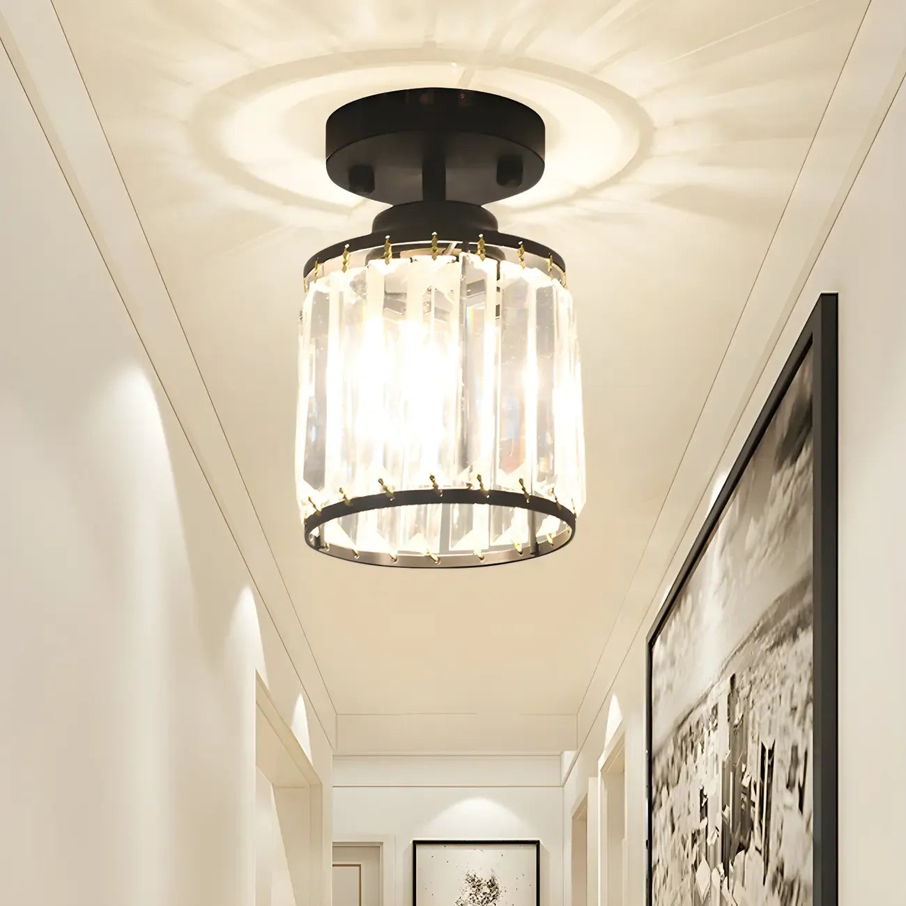 Elegant Clear Crystal Drum Semi Flush Ceiling Light