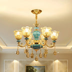 Gorgeous Gold Blue Glass Floral Up Chandelier with Pendants