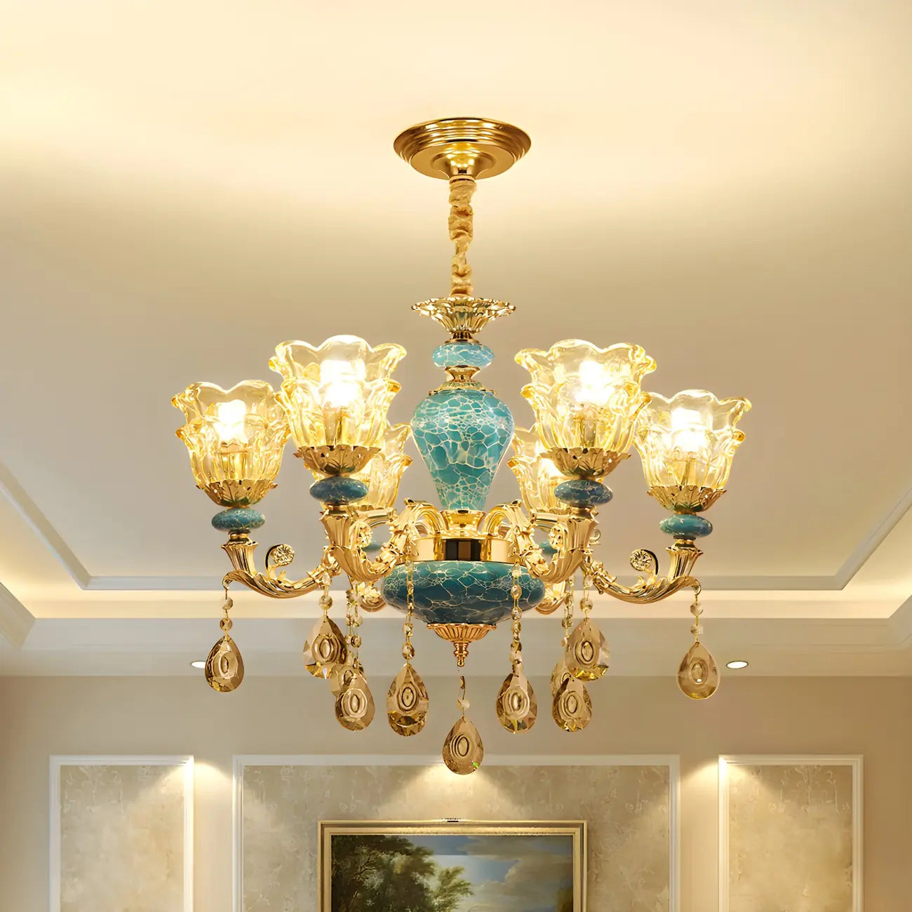 Gorgeous Gold Blue Glass Floral Up Chandelier with Pendants