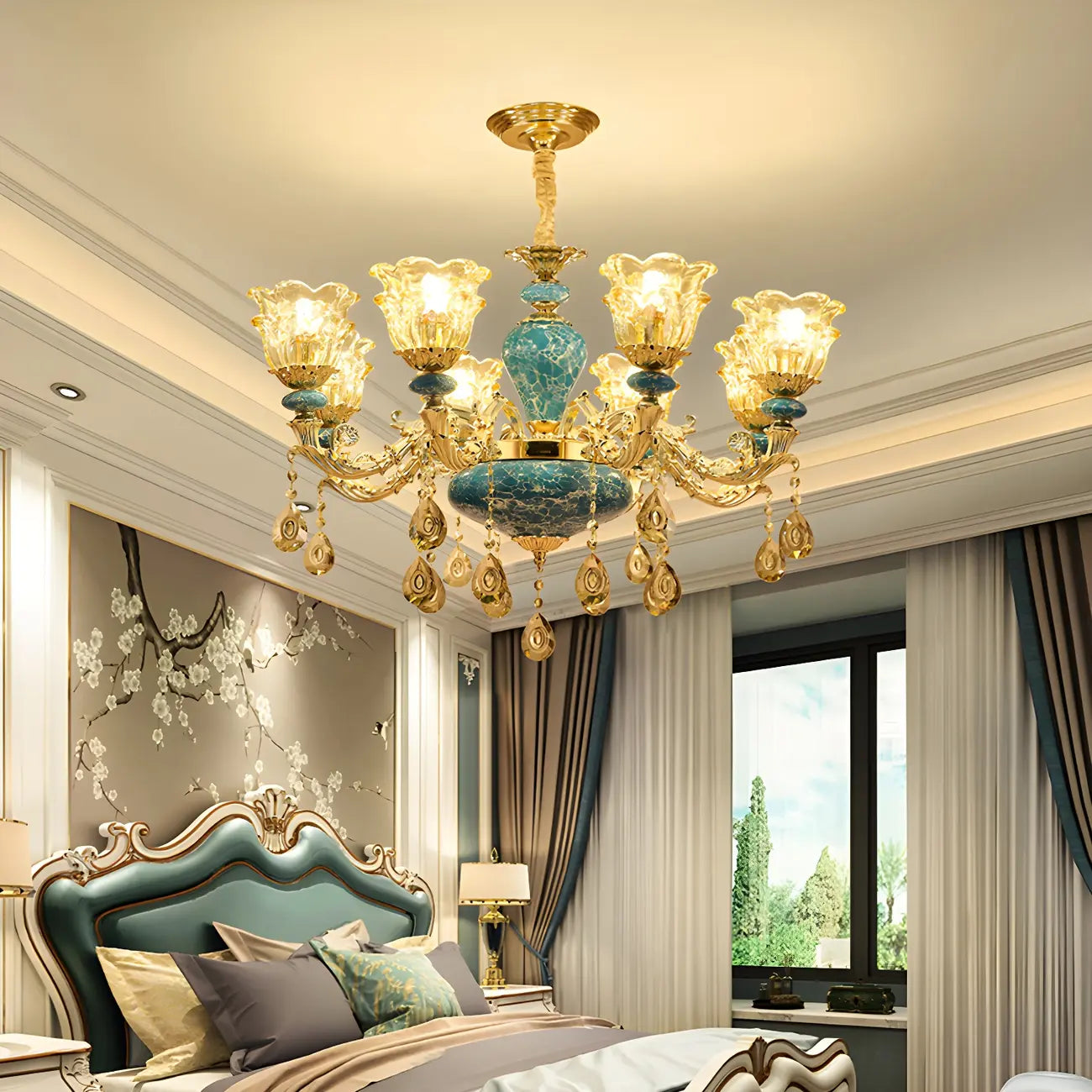 Gorgeous Gold Blue Glass Floral Up Chandelier with Pendants