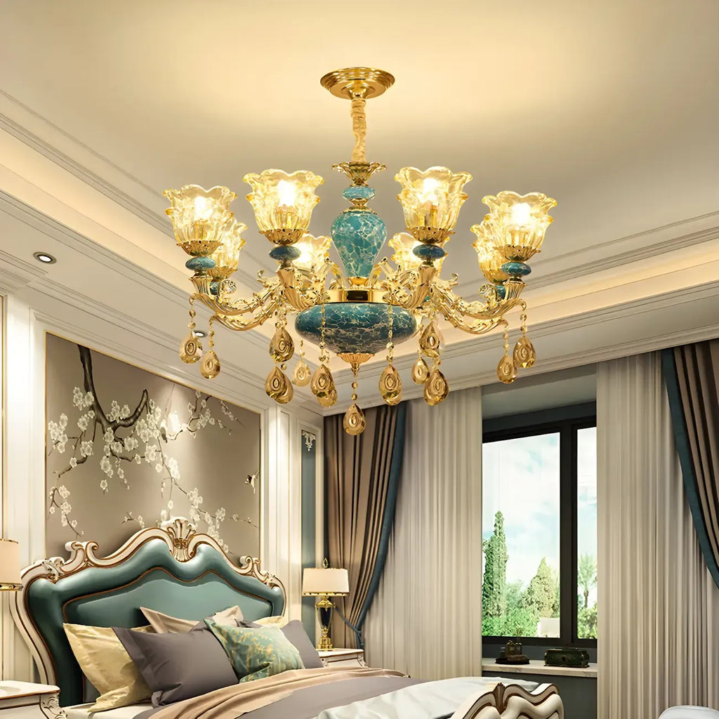 Gorgeous Gold Blue Glass Floral Up Chandelier with Pendants