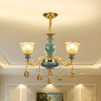 Gorgeous Gold Blue Glass Floral Up Chandelier with Pendants