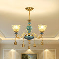 Gorgeous Gold Blue Glass Floral Up Chandelier with Pendants