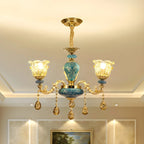 Gorgeous Gold Blue Glass Floral Up Chandelier with Pendants
