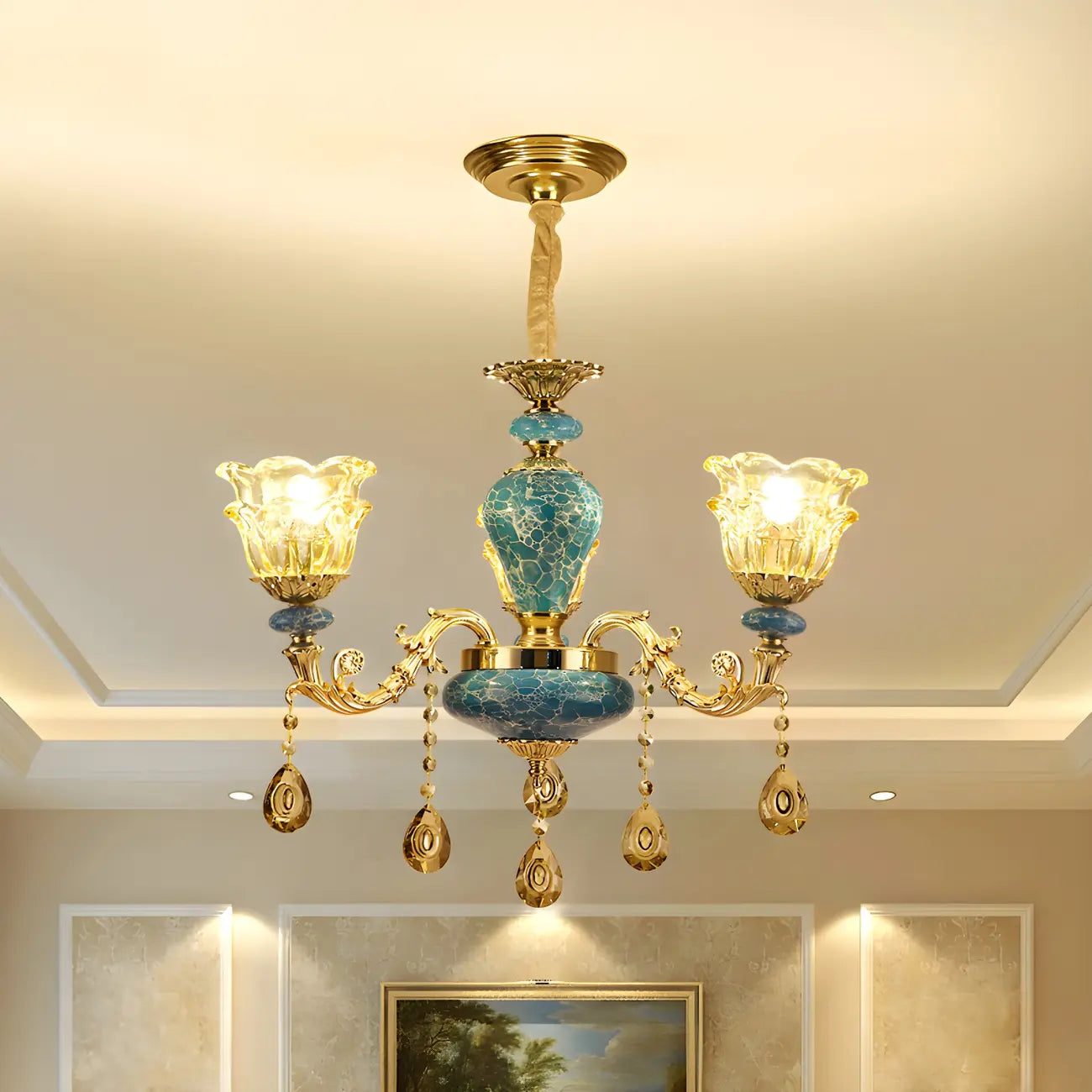 Gorgeous Gold Blue Glass Floral Up Chandelier with Pendants