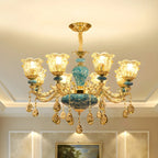 Gorgeous Gold Blue Glass Floral Up Chandelier with Pendants