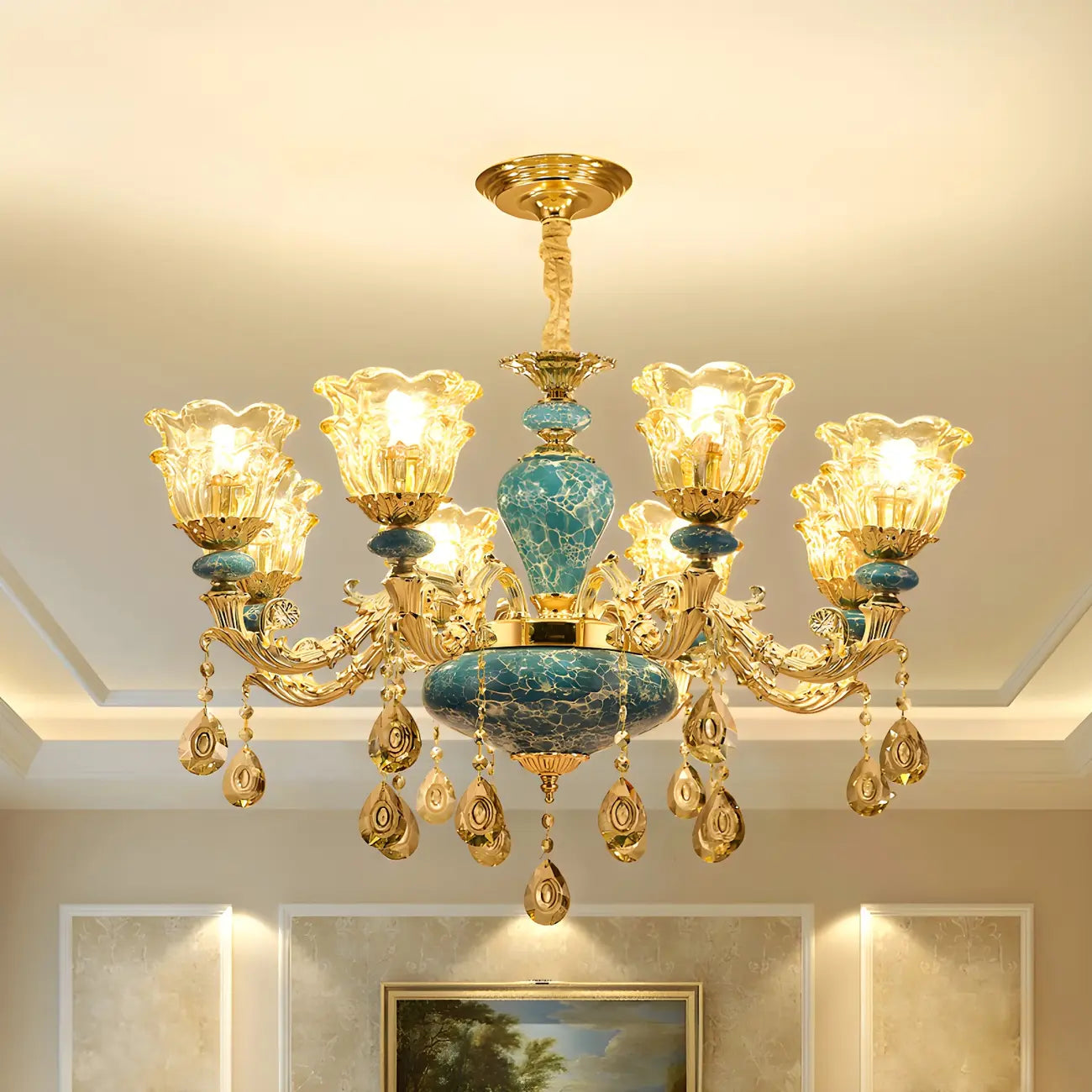 Gorgeous Gold Blue Glass Floral Up Chandelier with Pendants