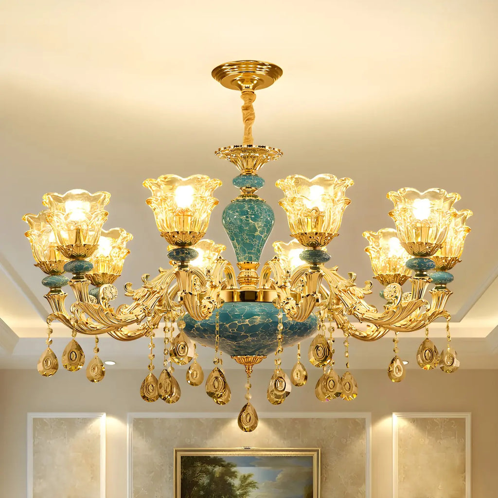 Gorgeous Gold Blue Glass Floral Up Chandelier with Pendants