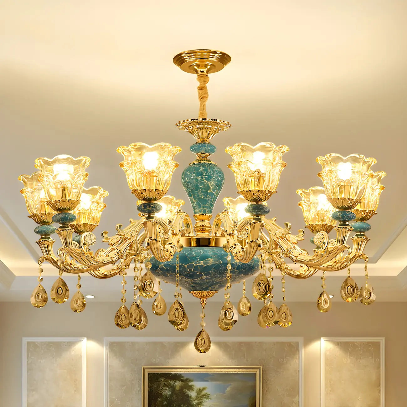 Gorgeous Gold Blue Glass Floral Up Chandelier with Pendants