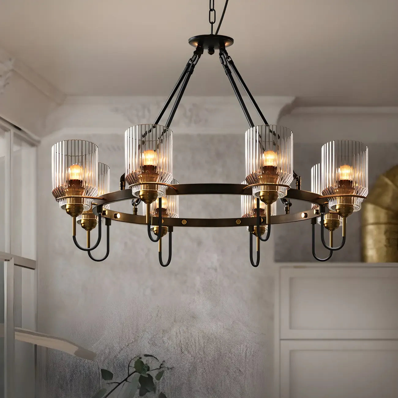 Modern Industrial Black Cylinder Glass Hoop Chandelier